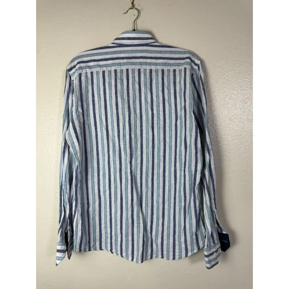 Nerosfumato Positano Blue Striped Linen Button Up Shirt Men‎ Medium Long sleeve